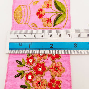 Pink Art Silk Trim With Floral Embroidery & Sequins, Red, Green And Gold Flower Embroidered Trim